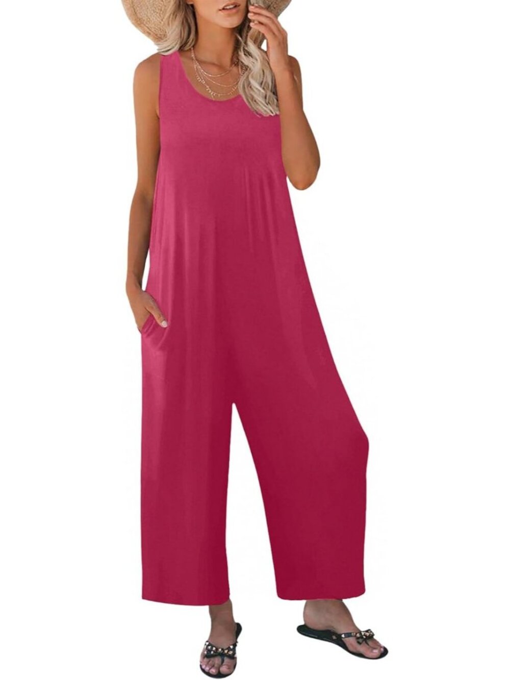 Women's Rose Red Casual Loose Tank Sleeveless Crewneck Long Pant Romper